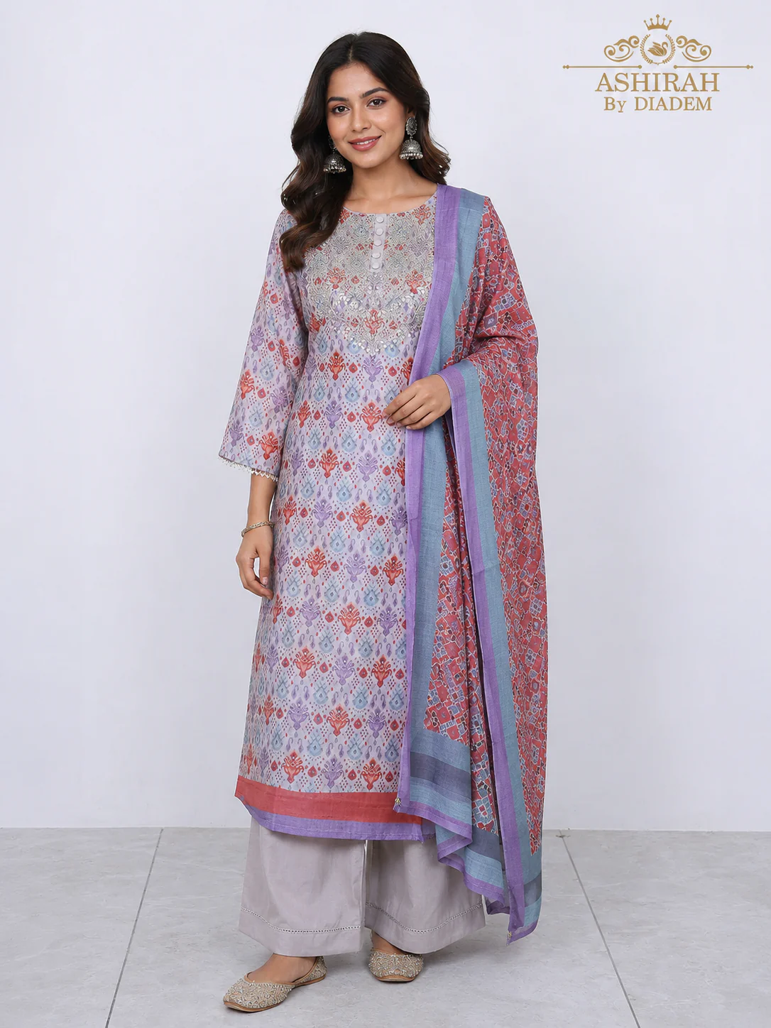 Lavender Straight Cut Salwar Suit Adorned in Embroideries and Prints with Dupatta and Pant